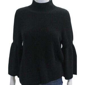 525 America Black Ribbed Bell Sleeve Mock Neck Sweater L Boho Elevated Casual